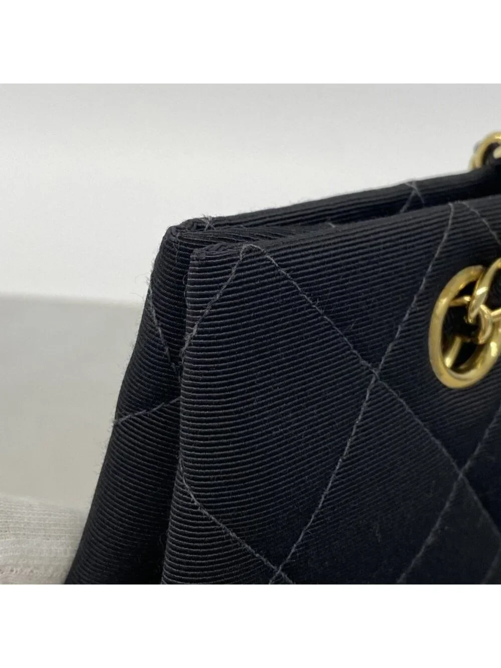 Chanel Shoulder Bag Quilted Cotton Black Gold